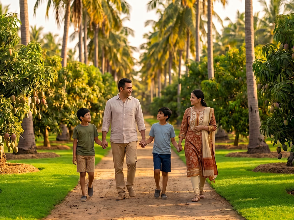 Indian kids playing happily on organic farmland trail